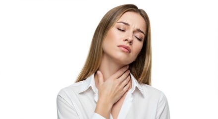 Portrait of a Caucasian woman touching her neck with a strained, painful expression, suggesting sore throat, inflamed glands, or general neck pain. Neutral gray background. Healthcare and medical conc