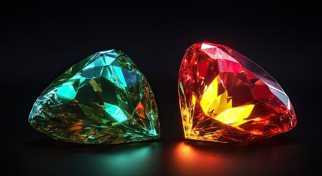 Two vibrant,faceted gemstones,emerald green and fiery red,glow against a dark background - Powered by Adobe