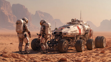 Two astronauts get a rover ready for a trip on an alien planet. This shows a vision of space travel and settling other planets.