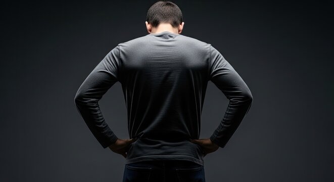 Back view of a person with their hands on their hips and a gray shirt. Dark backdrop with backlighting creating a dramatic and moody atmosphere. The person stands in a contemplative pose. - Powered by Adobe