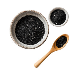 Black Sesame Seeds in Bowls and Spoon isolated on transparent background