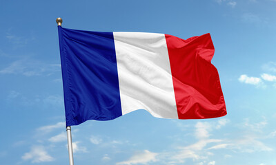France national flag with blue white red vertical stripes waving in sky