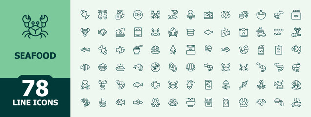 Seafood icon set. Pictograms of grilled, baked fish, restaurant, fishing, food, fish and more. Restaurant modern icon set. Minimal icons pack. Editable stroke collections.