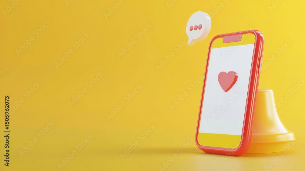 Poster a phone with a heart on the screen and a cone with a speech bubble