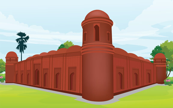 Illustration of Sixty Dome Mosque in Bagerhat, Bangladesh &ndash; Historical Islamic Architecture Landmark