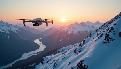 Drone Flying Over Snowy Mountain Range at Sunset