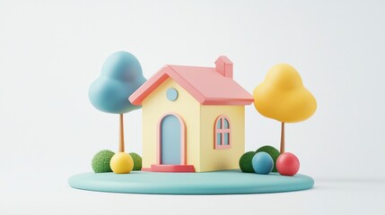 a small house with a tree and a lawn