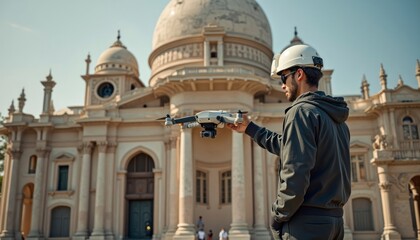 Drone Pilot Holding Drone Near Building