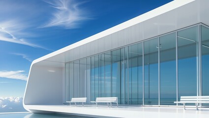Obraz premium Modern White Architectural Structure With Glass Walls and Benches with Sky Background 