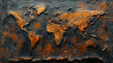 The image shows a heavily textured world map on a black background with a rusted and distressed effect