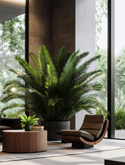 Interior scene in contemporary style, featuring an enormous prehistoric fern