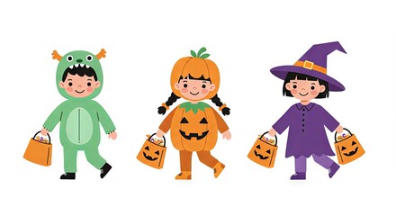 Flat vector illustration of three cheerful kids in Halloween outfits holding pumpkin candy buckets, isolated on a white background. Perfect for holiday invitations, children’s party posters, and Hallo