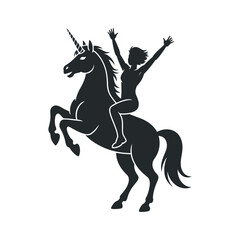 Obraz premium Silhouette of a Woman Riding a Rearing Unicorn with Arms Raised in Celebration Isolated on a White Background Vector Illustration