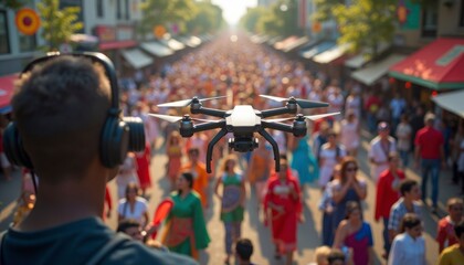 Drone Flies Over Crowded Street with Person Wearing Headphones