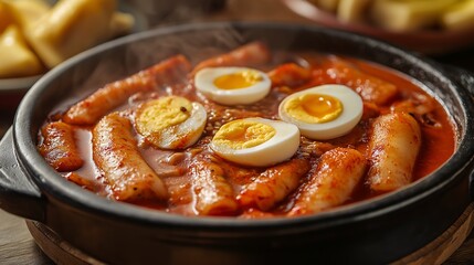 Fototapeta premium Delicious tteokbokki with eggs in a bowl ready to be served