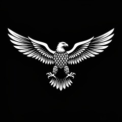 Obraz premium Detailed black and white illustration of a stylized eagle with spread wings on a black background. Suitable for symbolism, heraldry, power, or tattoo references.