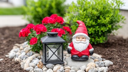 Charming Garden Gnome with Lantern and Flowers - A cheerful garden gnome in a red suit sits beside a black lantern amidst vibrant red flowers and smooth stones, symbolizing whimsy, nature, serenity