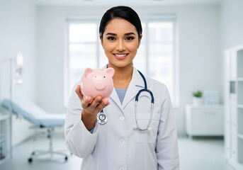 Smiling female doctor holding piggy bank suggesting healthcare savings and financial planning