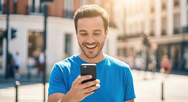 Smiling man looking at his phone screen in a sunny urban setting. The background features blurred buildings and bright daylight creating a warm, positive atmosphere