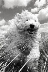 fluffy puli dog with a happy face running in the wind, shot in black and white against the background of grass and cloudy sky