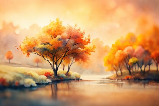 Tilt-Shift Watercolor Nature Scene: Orange Beige Branches, Miniature Landscape Photography