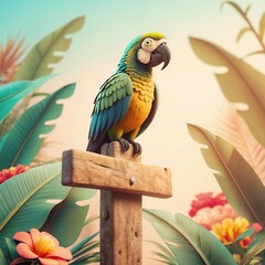 Colorful parrot perched on a wooden sign among tropical plants  