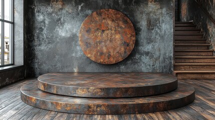 Rustic Grunge Showcase with Circular Backdrop and Wooden Flooring