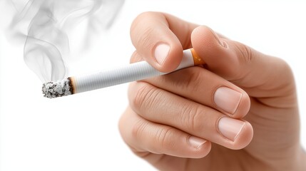 Hand Holds Burning Cigarette With Rising Smoke Person Smokes A Lit Cigarette In Close Up