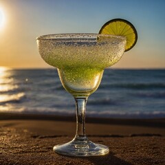 Salt-rimmed margarita glass with condensation beads, with the sun dipping below the horizon.