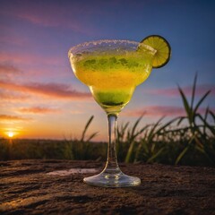 Chilled margarita with vibrant sunset hues reflected in the glass.