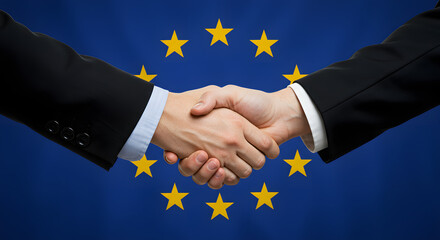 Business handshake in front of European Union flag
