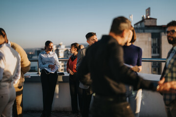 A group of multiracial business people engage in a creative brainstorming session on a high-rise...