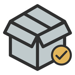 Package box for delivery with check mark icon for quality check pass and ready for delivery.