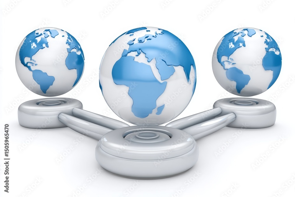 Poster global network connection - three globes connected by a network, symbolizing global communication an