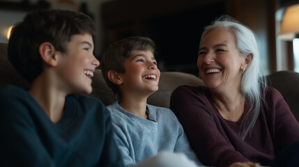 Obraz premium Grandmother and grandchildren laughing together on sofa at home