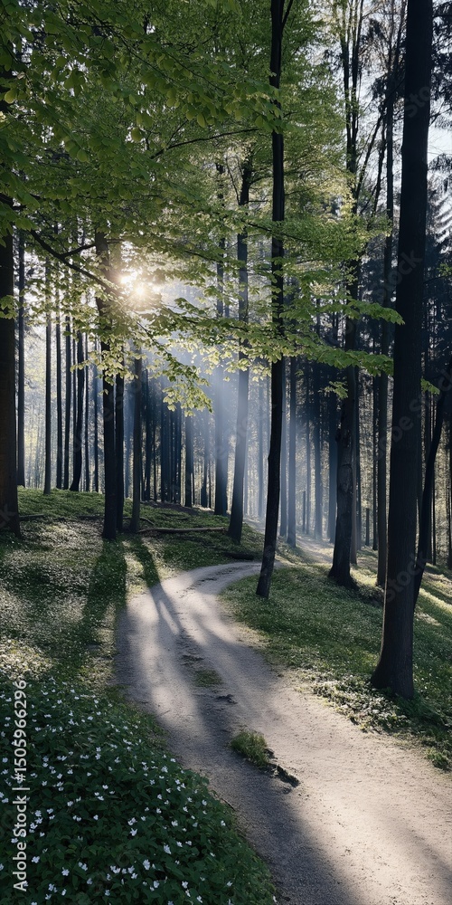 Poster a path through a forest with sunlight shining through the trees. the path is lined with wildflowers 