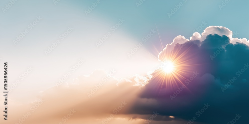 Poster a bright sun shining through a cloudy sky. the sun is the main focus of the image, and it creates a 