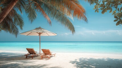 Obraz premium Tropical Beach Paradise with Lounge Chairs under Palm Trees at Sunset. Generative AI.