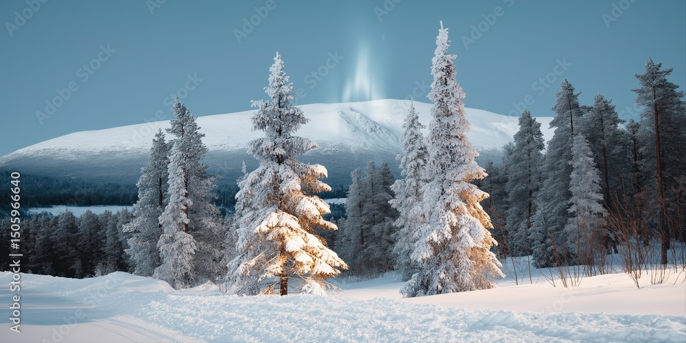 Aufkleber a snowy landscape with two trees in the foreground and a mountain in the background. the trees are c