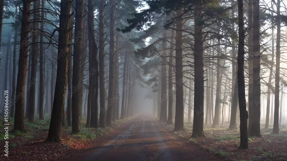 Poster light rays penetrate the fog along a path surrounded by tall pine trees in a mysterious and evocativ