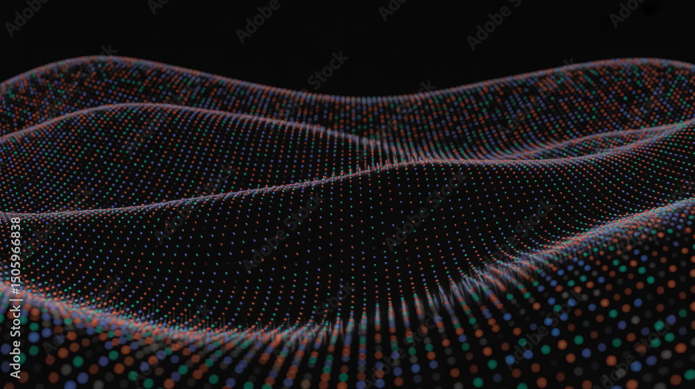Poster abstract wavy surface formed by colorful dots against a dark background creating a digital landscape