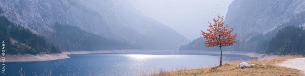Poster a tree stands in front of a lake with mountains in the background. the scene is serene and peaceful,
