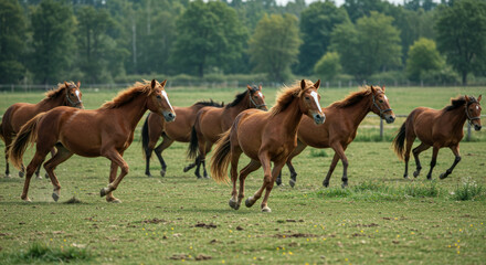 Fototapeta premium Colorful Horses Playing Freely in a Large Open Pasture