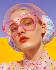 A close-up of a woman wearing oversized pink glasses and a translucent helmet with floral inflatable padding. Retro-futuristic fashion portrait in candy tones.