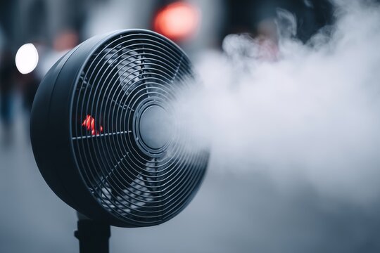 Misting Fan Cooling System - A close-up of a black misting fan outdoors, emitting a fine mist of water. Perfect for cooling on a hot day