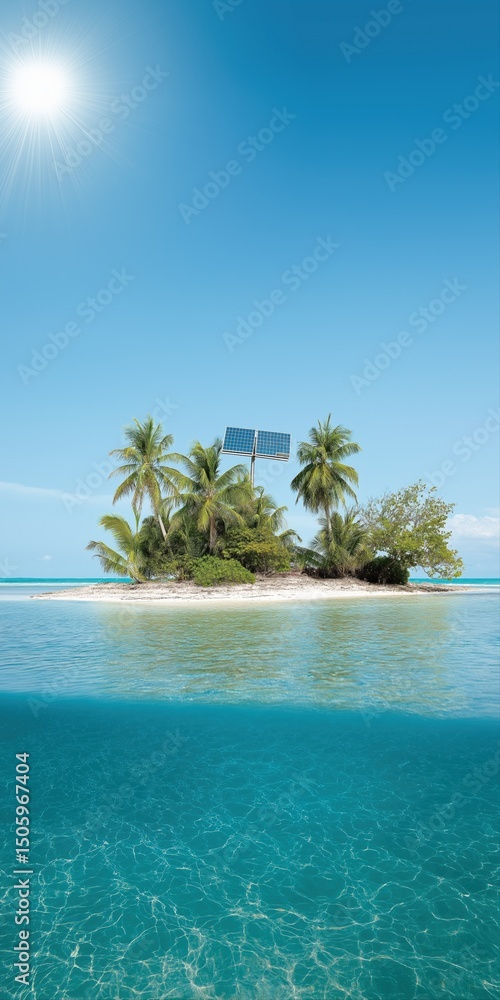 Poster a blue ocean with palm trees and a sign that says 