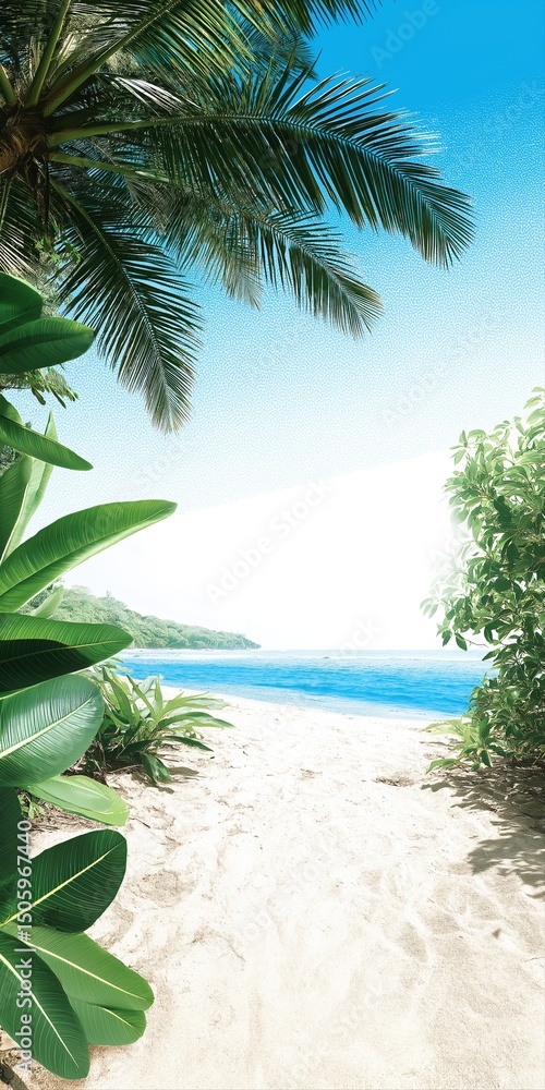 Poster a beach scene with palm trees and a blue ocean. the image has a calming and relaxing mood