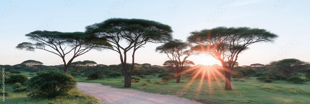 Poster a sun is setting over a field of trees. the sun is shining brightly on the trees, creating a warm an