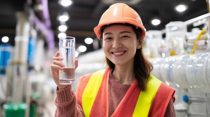 Plakat Young woman in safety gear holds a glass of clean water in a modern water treatment facility