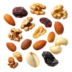 Overhead shot of assorted nuts and dried fruit including almonds walnuts raisins and peanuts on black